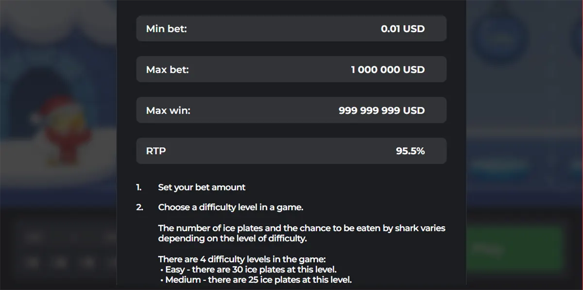 Screenshot of an in-game info panel listing limits and statsโmin bet 0.01 USD, max bet 1,000,000 USD, max win 999,999,999 USD, and RTP 95.5%โfollowed by numbered instructions to set the bet amount and choose a difficulty level, with notes about ice plates and risk by difficulty.